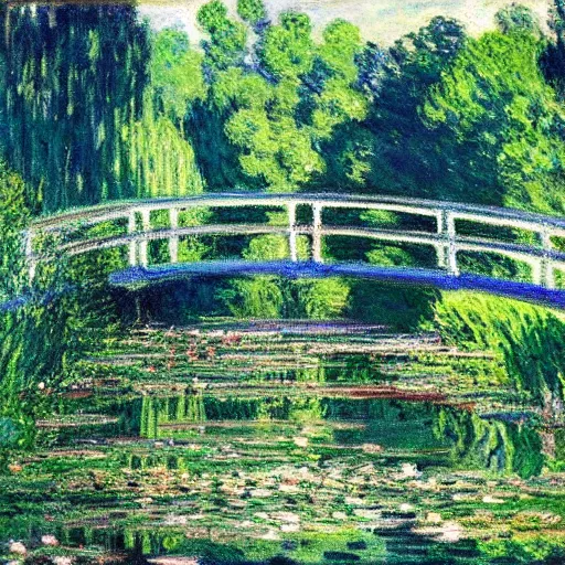 Prompt: wedding on a bridge over a river in a vibrant green forest, painting by claude monet, oil on canvas