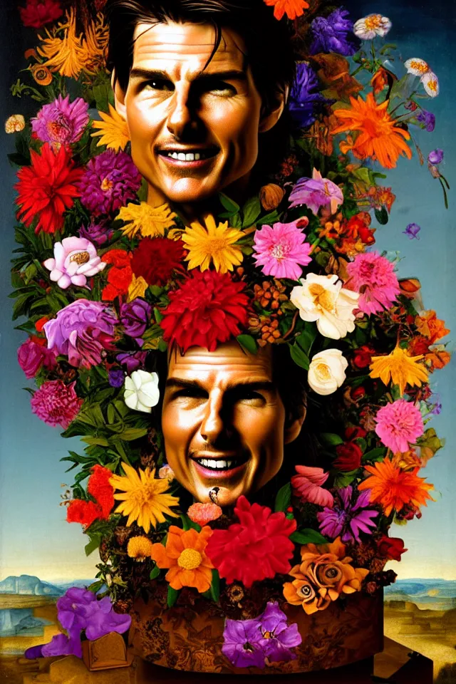 Image similar to bizarre surreal renaissance portrait of tom cruise as a box made out various flowers, dramatic cinematic lighting, bold colors, 8 k, beautiful intricate painting