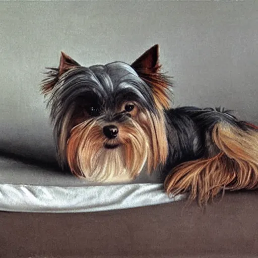 Image similar to an old happy brown and gray Yorkshire terrier dog lounging in a white bed, long hair, extremely detailed masterpiece, illustration, by Michael Sowa,