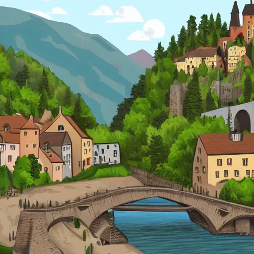 Prompt: digital painting of a picturesque small medieval town on a sunny day with stone buildings nestled at the foot of a tall mountain by a river with a bridge crossing into a dark forest.