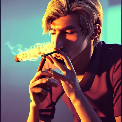 Image similar to a high quality photo of xqc smoking a cigar, 3d scene, render, ultra realistic, artstation, cgsociety