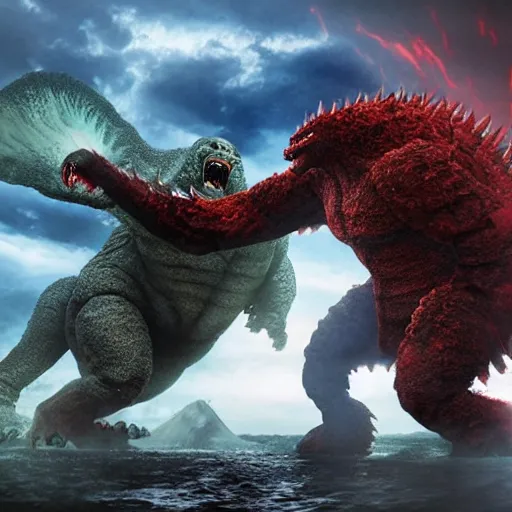 Image similar to an epic battle between two huge kaiju monsters