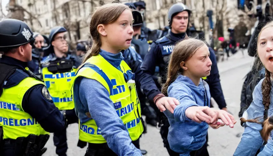 Prompt: greta thunberg instigating a fight in front of the police