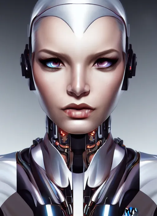 Image similar to portrait of a cyborg woman by Artgerm, (((((face turns left!!!!!))))) (((((face turns right))))), open eyes , biomechanical, hyper detailled, trending on artstation