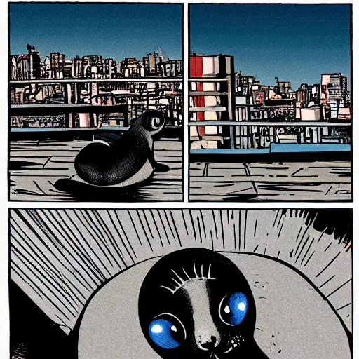 Image similar to baby seal sitting on the edge of a roof looking at the city at night, wide angle, comic book by frank miller