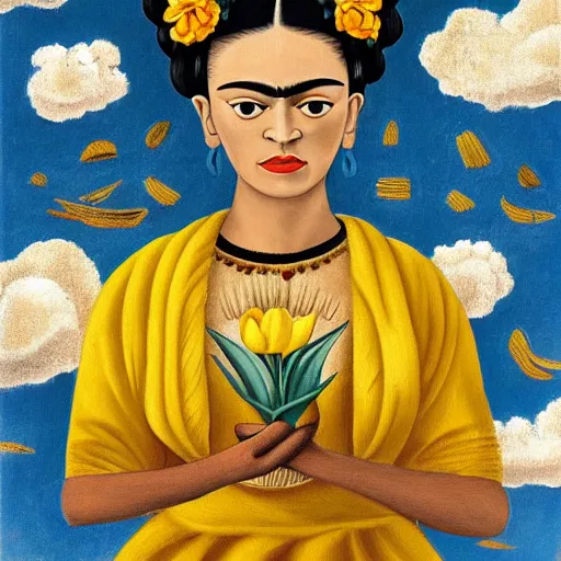 Prompt: yellow tulip frida kahlo condesa plane sky cloud cofee italy