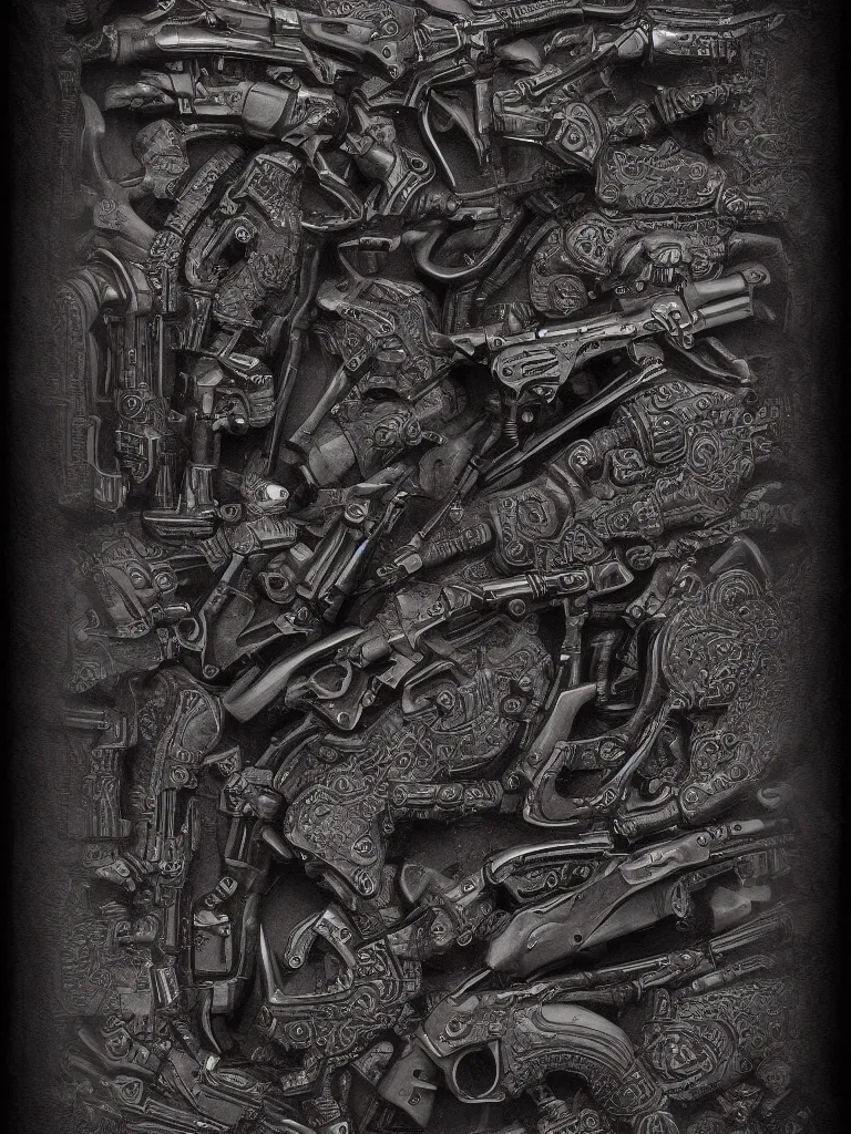 Prompt: carving in dark black steel of machine guns shotguns rifles revolvers bullets, dark vintage paperback cover, ultra-realistic, intricate details, 4k