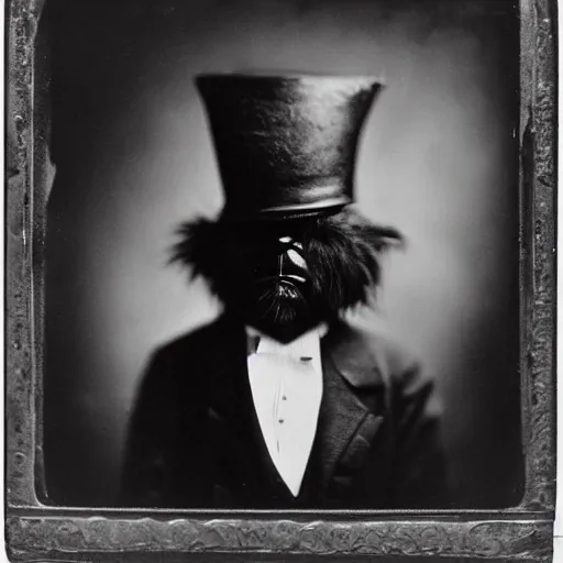 Prompt: a vintage wet plate portrait of a dignified bigfoot with a top hat and cane, extremely detailed, by james van der zee!!!!!!!!!!!!!!!!!!