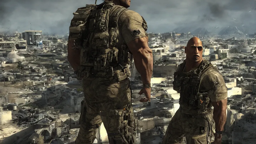 Image similar to dwayne the rock johnson, dwayne the rock johnson in the call of duty map highrise, modern warfare 2 highrise, screenshot