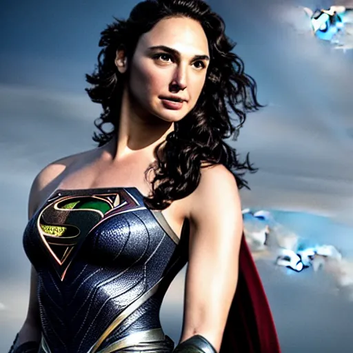 Image similar to an potrait of gal gadot play Man of Steel replacing Henry Cavill, photorealistic, high detail, photo studio, testing custom, 4k