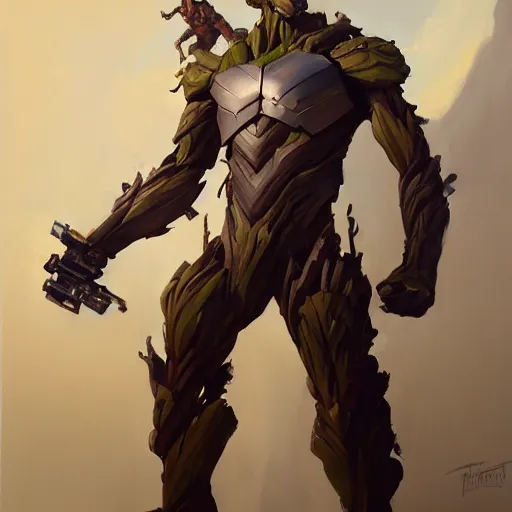 Prompt: greg manchess portrait painting of armored groot as overwatch character, medium shot, asymmetrical, profile picture, organic painting, sunny day, matte painting, bold shapes, hard edges, street art, trending on artstation, by huang guangjian and gil elvgren and sachin teng