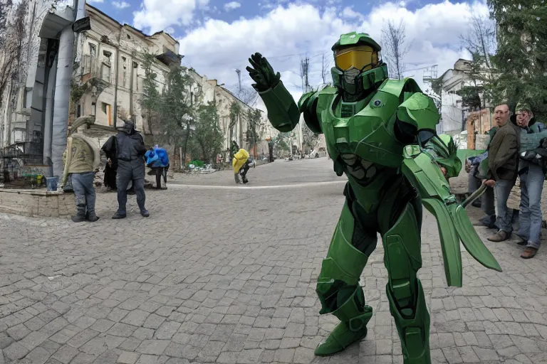 Image similar to wide shot of master chief in ukraine