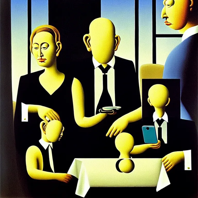 Prompt: a nuclear family staring at their smartphones during dinner, by salvador dali and rene magritte, soft colors, cool lighting, dark, surreal