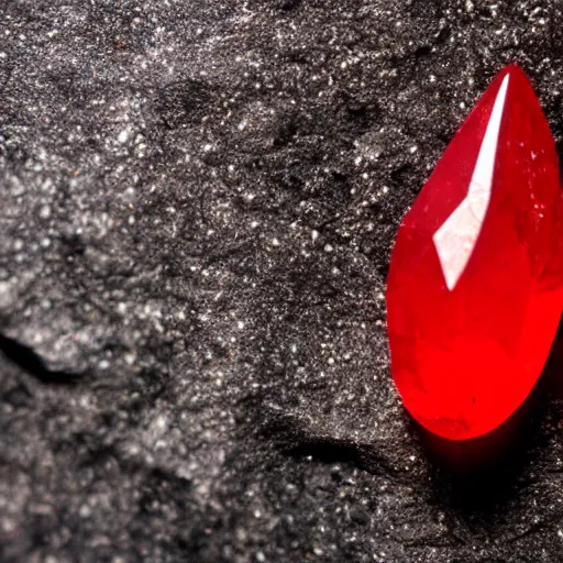 Prompt: a deep red, glowing, elongated crystal on a rock, film grain