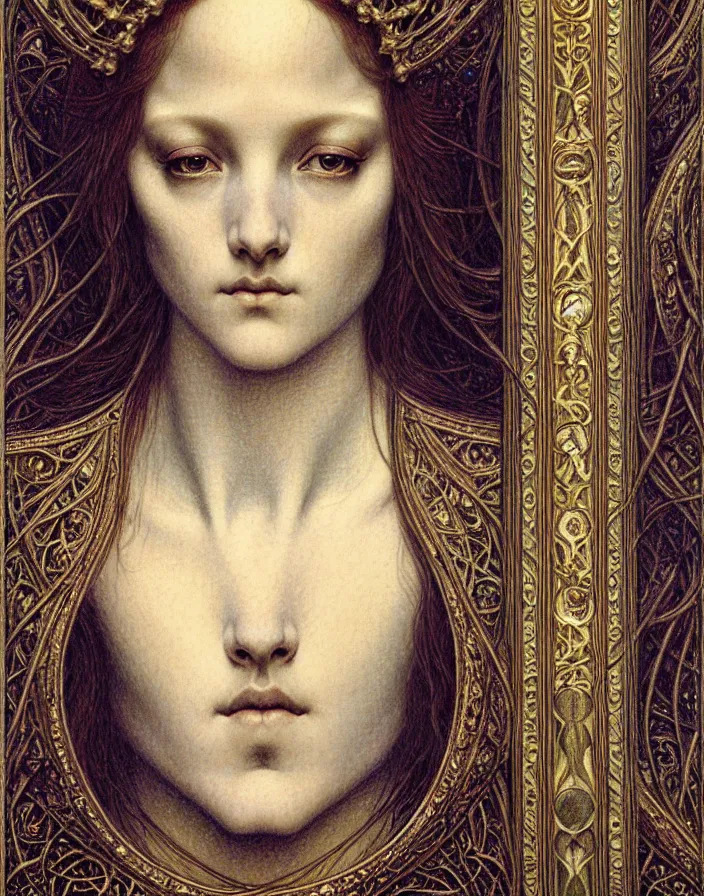 Image similar to detailed realistic beautiful young medieval queen face portrait by jean delville, gustave dore and marco mazzoni, art nouveau, symbolist, visionary, gothic, pre - raphaelite. horizontal symmetry