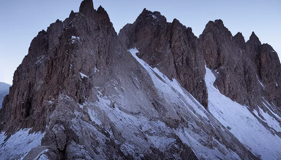 Prompt: Three peaks of Lavaredo at dawn, dramatic lighting