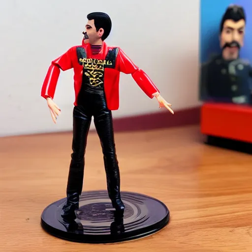 Image similar to a stopmotion puppet of freddie mercury, vinyl action figure, plastic, toy