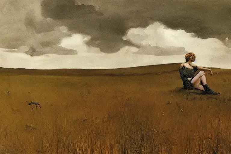 Prompt: a painting of a woman sitting in a field, a surrealist painting by Andrew Wyeth, cgsociety, american scene painting, matte drawing, dystopian art, art