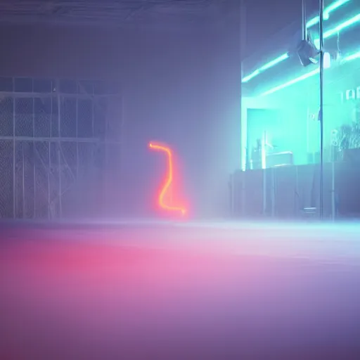 Prompt: misty volumetric muted neon color smoke wisps waft on convection current of air through a low energy cluttered parlor and coalesce on the floor into the vague translucent outline of a horse crossing the finish line.