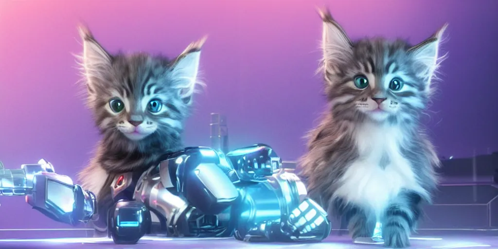 Image similar to a 3 d rendered movie still a cute robotic kitten with rgb ambient lighting implants. the robot maine coon kitten. in the background is a cyberpunk cat tree with rgb dramatic lighting. science fiction blockbuster movie from the future, imax 7 0 mm. octane 3 d render, style of mandalorian ( american space western television series )