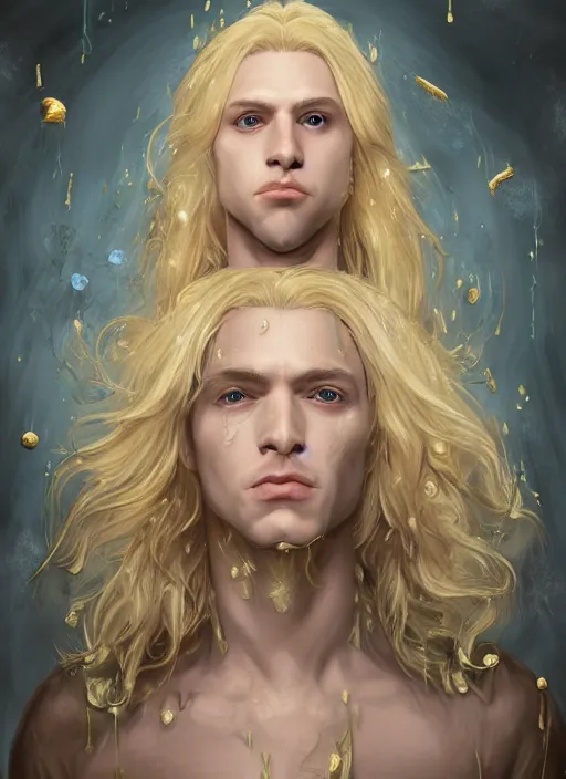 Image similar to An epic fantastic realism comic book style portrait painting of Lucius the most beautiful androgynous blond prince in the universe, long fluffy light golden blond curls of hair, porcelain pale skin, flowers rain everywhere, fisheye lens, Apex Legends Concept Art, porcelain, unreal 5, DAZ, hyperrealistic, octane render, cosplay, RPG portrait, dynamic lighting