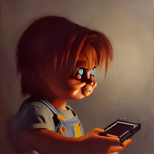 Image similar to the doll chucky playing super nintendo, oil painting, by greg rutkowski
