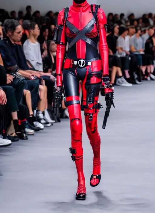 Prompt: hyperrealistic and heavy detailed balenciaga runway show of deadpool, leica sl 2 5 0 mm, vivid color, high quality, high textured, real life