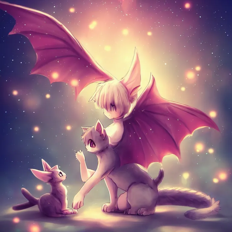 Image similar to cute, full body, female, anime style, a cat girl with fairy wings patting a small dragon, large eyes, beautiful lighting, sharp focus, simple background, creative, heart effects, filters applied, illustration