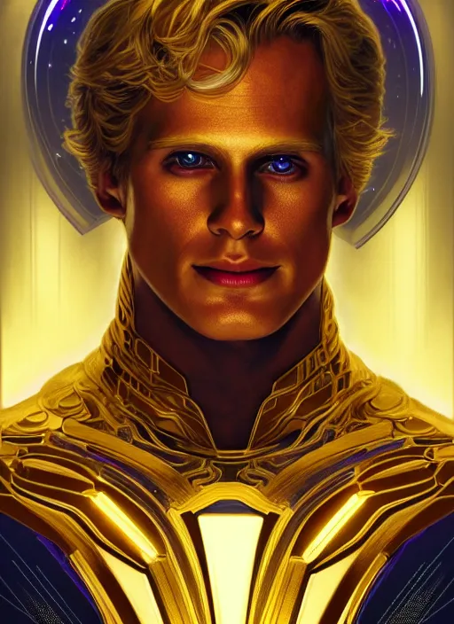 Image similar to portrait of Marvel's Adam Warlock, gold sci-fi armour, tech wear, glowing lights!! sci-fi, intricate, elegant, highly detailed, digital painting, artstation, concept art, smooth, sharp focus, illustration, art by artgerm and greg rutkowski and alphonse mucha