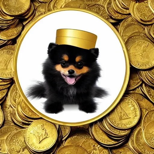 Image similar to A pomeranian wearing a top-hat, sitting on top of a large pile of gold coins