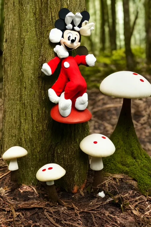 Image similar to in the center of the forest, a plush mickey mouse sits on a mushroom, super realistic, extremely high detail, cinematic 8k