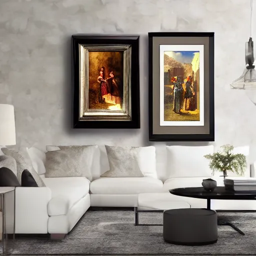 Prompt: photo of framed paintings for affluent collectors, ultra - realistic hdr highly detailed cinematic lighting