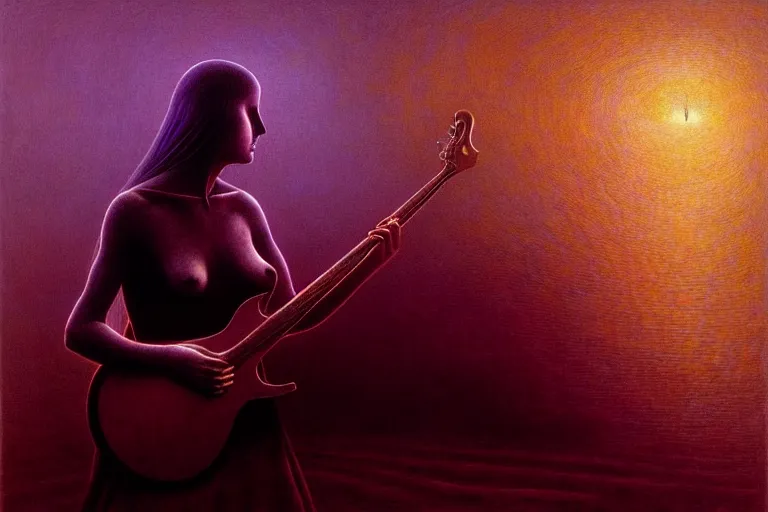 Prompt: the girl plays the guitar, in the style of beksinski, parts by jabłonski, futuristic dystrophia, intricate and epic composition, purple by caravaggio, insanely quality, highly detailed, masterpiece, purple light, artstation, 4 k