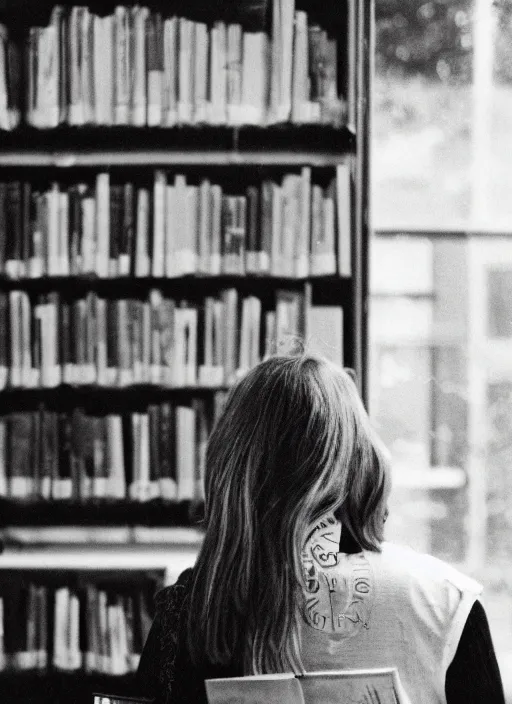 Prompt: a 3 5 mm photo from the back of a woman standing in front of a bookshelf at a library on a college campus in the 1 9 5 0 s, bokeh, canon 5 0 mm, cinematic lighting, dramatic, film, photography, golden hour, depth of field, award - winning, 3 5 mm film grain, retro, film, kodachrome, closeup