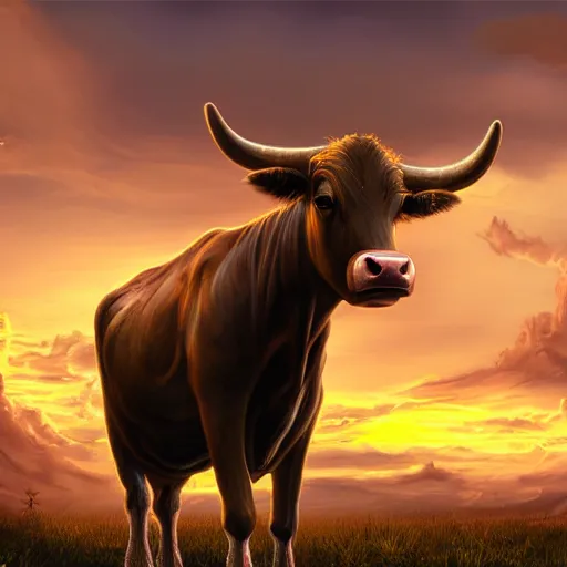 Image similar to fantasy cow looking at sunset, high detail, fantasy art, concept art, 4 k, ultra detail, computer art