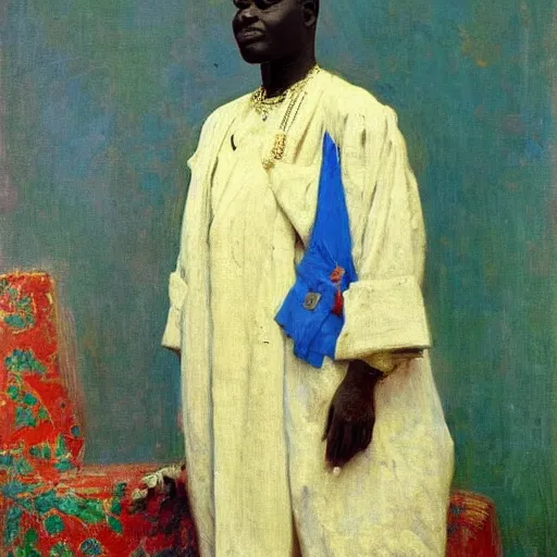 Prompt: portrait of king of dahomey outside, 1905, brightly coloured oil on canvas, by ilya repin