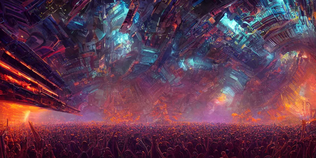 Prompt: a vibrant metal concert on the edge of space, crowd cheering, in a massive cavernous iron city, neon light, mandelbulb architecture, flags, colossal arcing metal structures high in the cavernous metal interior, sci - fi, beautiful, awe inspiring, by james gurney, greg rutkowski, sparth, cinematography, unreal engine 5, cinematic masterpiece