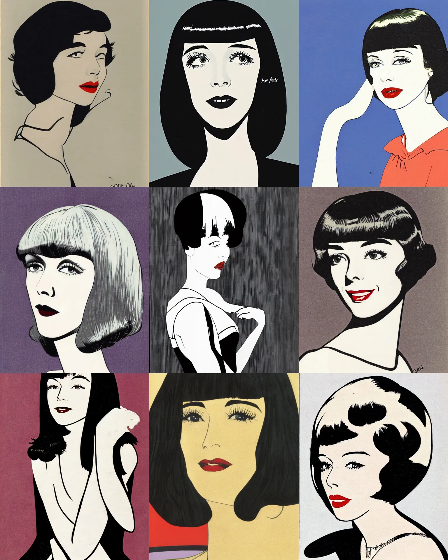 Image similar to Colleen Moore 25 years old, bob haircut, portrait by Patrick Nagel