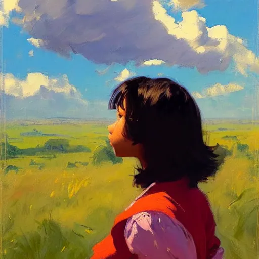 Image similar to Greg Manchess painting of dora the explorer, countryside, fantasy character portrait, dynamic pose, above view, sunny day, thunder clouds in the sky, artwork by Jeremy Lipkin and Giuseppe Dangelico Pino and Michael Garmash and Rob Rey, very coherent asymmetrical artwork, sharp edges, perfect face, simple form, wacky, 100mm