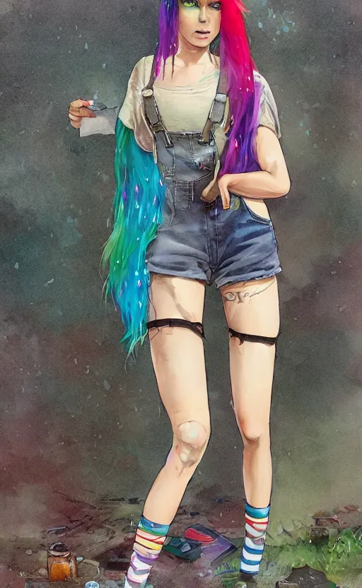 Prompt: Full body, attractive grungy woman with rainbow hair, soft eyes and narrow chin, fit dainty figure, long hair straight down, torn overalls, short shorts, fishnet stockings, combat boots, basic white background, side boob, in the rain, wet shirt, luscious, style by Jordan Grimmer and greg rutkowski, crisp lines and color,