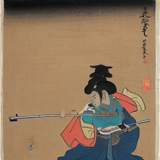 Image similar to a japanese ancient art style painting of an urban man firing a gun