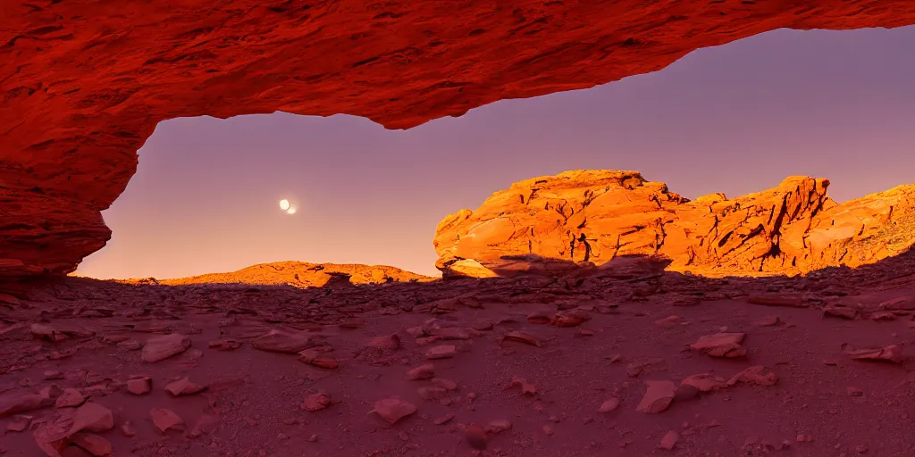 Image similar to a view looking out of a cave of a dried up river bend running through a canyon surrounded by desert mountains at sunset on mars, purple sky, two moons, planet mars, moab, utah, a tilt shift photo by frederic church, trending on unsplash, hudson river school, photo taken with provia, national geographic photo