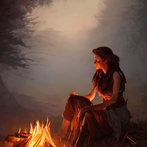 Image similar to epic portrait a scout woman sitting by campfire, beauty, pretty face, glossy skin, glowing, digital painting, artstation, concept art, soft light, hdri, smooth, sharp focus, illustration, fantasy, intricate, elegant, highly detailed, D&D, matte painting, in the style of Greg Rutkowski and Alphonse Mucha and artemisia, 8k, highly detailed, jurgens, rutkowski, bouguereau, pastoral, rustic, georgic