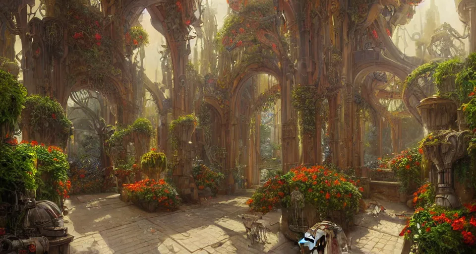 Prompt: an oil painting by donato giancola, warm coloured, cinematic scifi luxurious futuristic foggy biomechanical victorian garden courtyard with bulbous alien floral fungi cactus growing out of pretty ceramic baroque fountains, gigantic pillars and flowers, beeple, halo, star wars, ilm, star citizen, halo, mass effect, artstation, atmospheric perspective