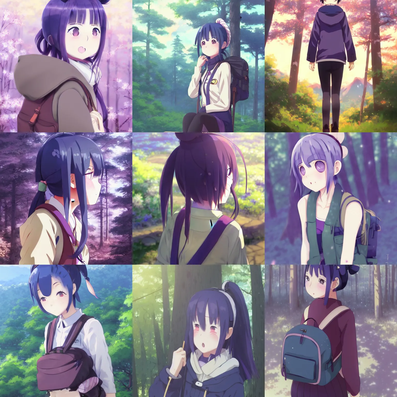 Prompt: cute anime shima rin shimarin yuru camp dark - blue hair bun hair bun hair bun hair bun tied in a high bun purple violet eyes portrait by greg rutkowski makoto shinkai kyoto animation forest background backpack