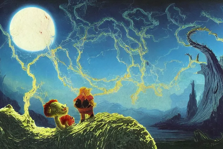 Image similar to miskatonic university big bang inscape in the style of dr. seuss,'calvin and hobbes ', painting by albert bierstadt