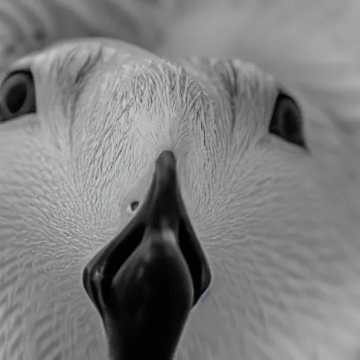 Prompt: fish eye lens photo of a goose’s beak right into the camera, farm