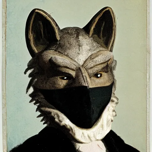 Prompt: man wearing a wolf mask, gilbert stuart style