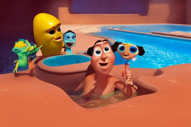 Prompt: photograph of a Pixar character chilling in a swimming pool in Mars with his friends, animation, Pixar style