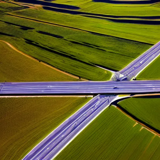 Prompt: drone footage of the large fields and an interstate highway in the countryside